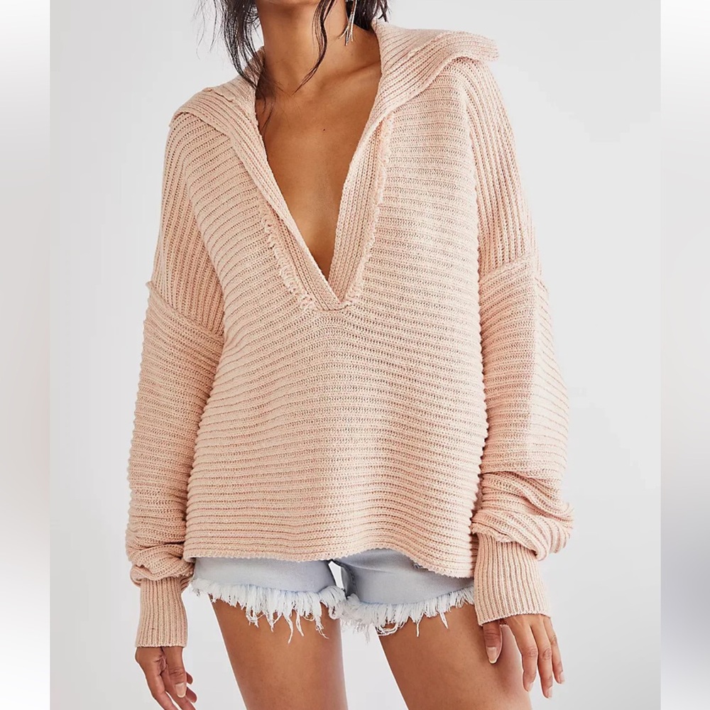 Free People Pink Marlie Ribbed Knit Slouchy Sweater Small
